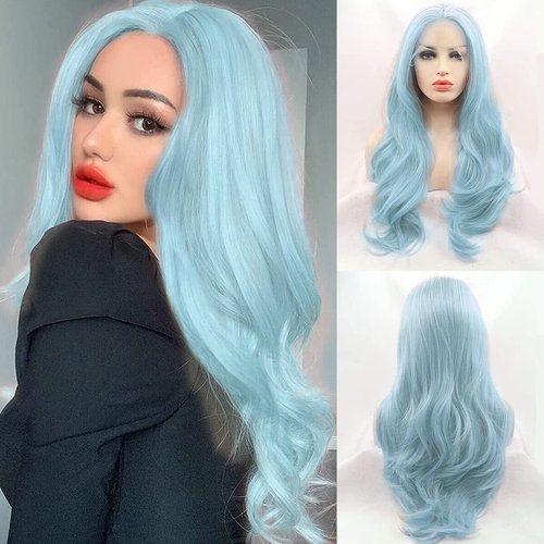 AFBeauty Blue Wigs for Women Light Long Wavy Neon Blue Lace Front Wig Pre Plucked Hairline Free Part Colorful Pastel Baby Blue Glueless Real Hair Wig Synthetic Heat Resistant Daily Holiday 24 Inch
