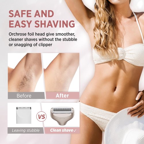 Orchrose Electric Razor for Women Body: Rechargeable Painless Electric Shaver for Bikini Face Body Legs Underarms - 3-in-1 Blade and Rotary Shaving Head (Honey Gold)