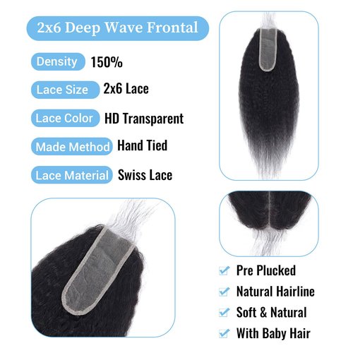 Kinky Straight 2x6 HD Lace Frontal Closure 12A Brazilian Raw Virgin Yaki Kinky Straight Human Hair Closure Natural Hairline Pre Plucked 12 Inch