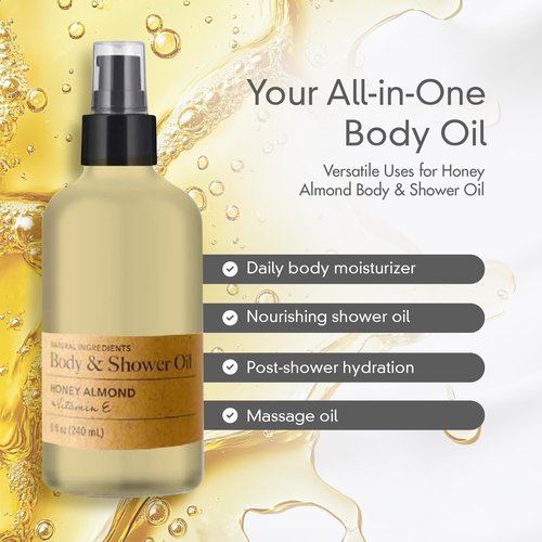Olivia Care Nourishing Honey Almond Body Oil with Vitamin E: In-Shower Bliss for All Skin Types - 8 Fl Oz. (Honey Almond and Vitamin E)