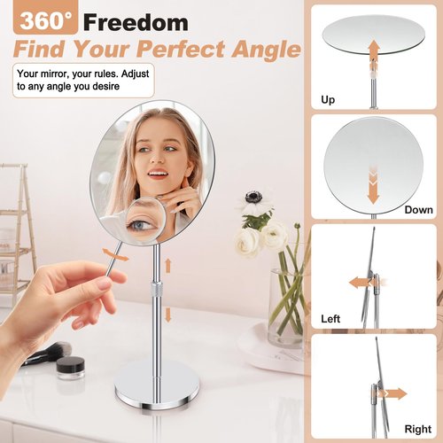 FFowcye 8" HD Vanity Mirror with Swivel & Adjustable Height (13-18"), Bonus 10X Magnifying Suction Cup Makeup Mirror for Precision Grooming & Shaving, Chrome Finish for Tabletop & Bedroom（No Light）