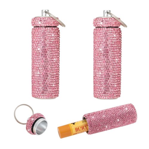 Veseek Lipstick Holder Keychain 2Pcs Lip Balm Holder Lip Balm Sleeve Bling Lip Gloss Holder Keychain Travel Metal Lip Balm Organizer Case Cute Stocking Stuffers Gift for Women (Pink)