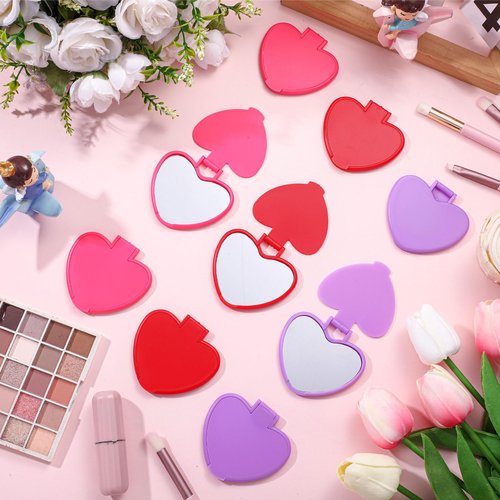 Geetery 48 Pcs Valentine Compact Mirror Bulk Gifts Heart Shaped Mini Pocket Small Folding Makeup Portable Travel Heart Purse Hand Mirror for Women Gift(Red,Rose Red,Purple)
