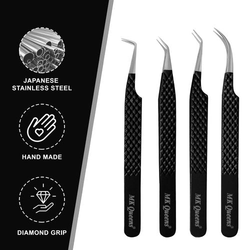 Fiber Tip Lash Tweezers for Eyelash Extensions with Diamond Grip, Set of 4 Precise Tips Japanese Steel for Classic, Volume & Mega Volume Lashes, Ideal Tweezers Set for Lash Artists (4, Black)