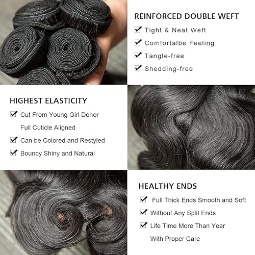 12A Body Wave Bundles Human Hair 24 24 26 26 Inch 4 Bundles Human Hair Unprocessed Brazilian Body Wave Hair Extensions for Women Natural Black