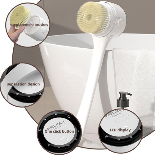 Electric Body Brush, 3 Speed Silicone Body Scrubber with LCD Display, 5in1 Back Scrubber for Shower, Waterproof Rotating Body Brushes, Rechargeable Bath Brush for Clean Exfoliate Massage (White)