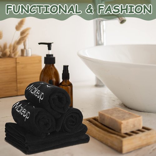 Vabean 30 Pcs Microfiber Black Makeup Washcloths for Face 13 x 13 Inches Makeup Remover Towels Reusable Absorbent Removers Face Wash Cloth with Embroidery for Women