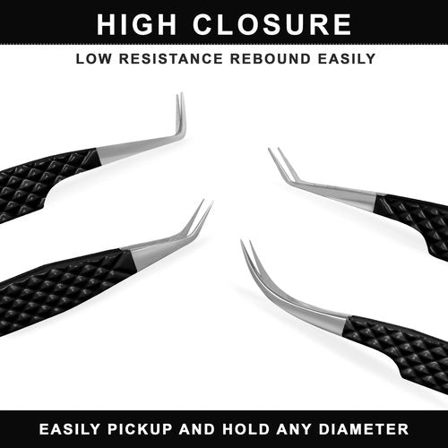 Fiber Tip Lash Tweezers for Eyelash Extensions with Diamond Grip, Set of 4 Precise Tips Japanese Steel for Classic, Volume & Mega Volume Lashes, Ideal Tweezers Set for Lash Artists (4, Black)