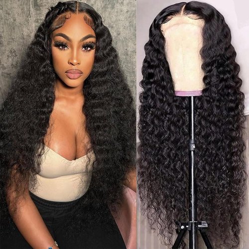 Bafamiya Natural Black Deep Wave Human Hair Wig 4x4 Lace Wig 20 Inch 200% Density Natural Black Wet and Wavy Lace Front Wigs with Baby Hair Pre Plucked For Black Women