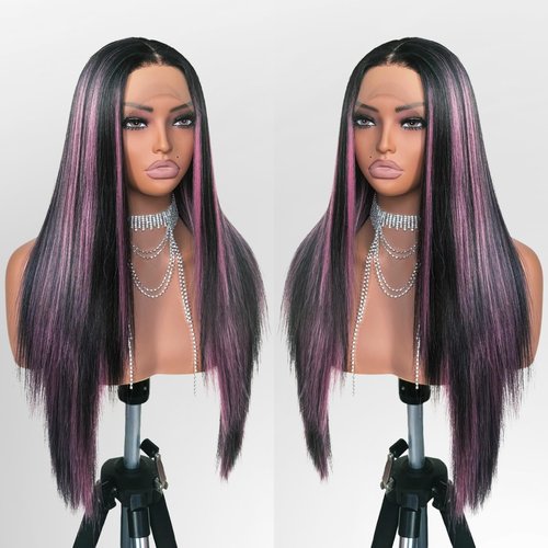 FABÉLLE Black and Pink Highlight Wig Lace Front Wigs Pre Plucked with Baby Hair Glueless Wig 26 Inch Long Straight for Women Pink Color Forehead Synthetic 13×4×1 Lace Front Wig