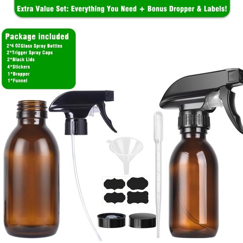 4oz Amber Glass Spray Bottles (2 Pack) - Refillable with Dropper, Funnel & 4 Labels | UV Protection for Essential Oils, Hair Care, Cleaning Solutions