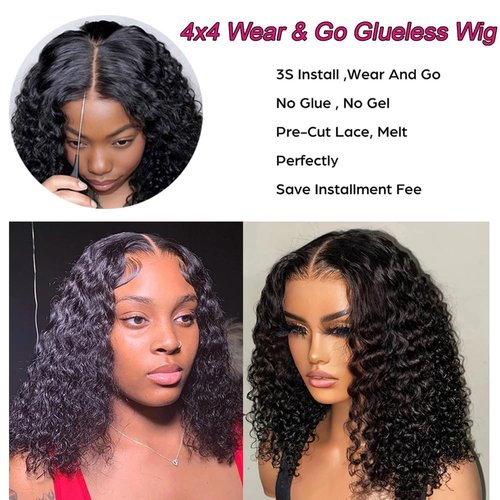 FCUFCU Glueless Wigs Human Hair Pre Plucked Pre Cut Deep Wave Bob Wig Human Hair 4x4 HD Lace Closure Wigs for Beginners 180% Density Natural Color 10 inch