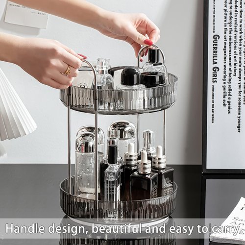 QIZHAN Modern Style Cosmetics Transparent Rotating Storage Rack Turntable Multifunctional Large Capacity Double - Layer Skin Care Products Dressing Table Storage Box Dust - Proof Space - Saving
