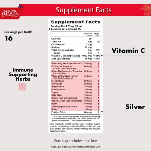 Buried Treasure ACF Extra Strength Immune Support - 16 oz, 16 Servings, Liquid Dietary Immunity Boost w/ Elderberry, Vitamin C & Zinc, Herbal Formula