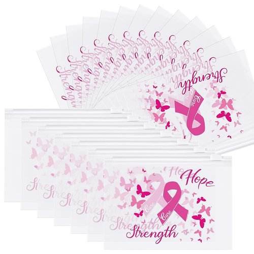 60 Pcs Breast Cancer Awareness Makeup Bags Set, Waterproof EVA Travel Toiletry Bags with Pink Ribbon Design, Strength, Cure, Hope, Perfect for Women and Girls, Cancer Survivor and Charity Party Gifts