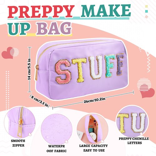 Shinylin 2 Pcs Travel Preppy Duffle Bag and Chenille Letter Makeup Pouch Cosmetic Zipper Patch Weekender Carry on Tote Bag for Women(Light Purple)