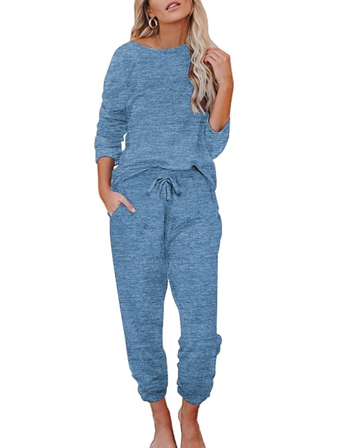 Ekouaer Womens Pajamas Set Long Sleeve Loungewear Soft Lounge Set Joggers with Pockets,Small,Navy