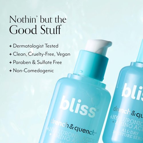 Bliss Hyaluronic Acid Drench & Quench Facial Serum – Hydrating Serum for Dry, Sensitive Skin - Lightweight Gel Formula for Deep Hydration & Plump Skin - Clean, Cruelty-Free - 1 Fl Oz