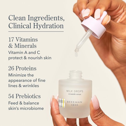 Beekman 1802 Milk Drops Ceramide Facial Serum - Squalane Oil, Hyaluronic Acid & Goat Milk Face Moisturizer - Boosts Skin Radiance & Hydrates Deeply - Fragrance Free, Cruelty Free