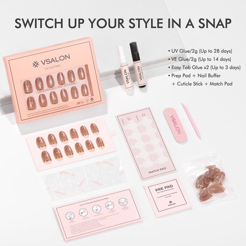 VSALON Press On Nails Short, 32 Pcs 16 Sizes Cat Eye Press On Nails Oval Fake Nails Gold Foil Design Sparkly Shimmer Gel With UV Glue Reusable Stick On Nails Semi-transparent Fall Gift For Women