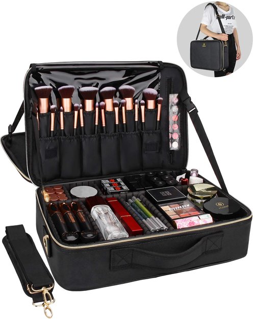 Relavel Makeup Case Large Makeup Bag Professional Train Case 16.5 inches Travel Cosmetic Organizer Brush Holder Waterproof Makeup Artist Storage Box, 3 Layer Large Capacity, with Adjustable Strap