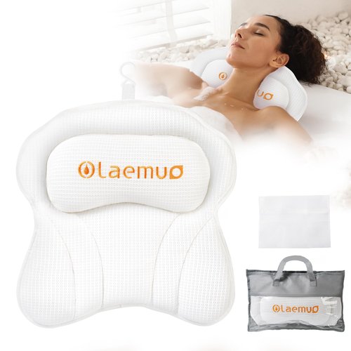 Olaemuo Bath Pillow Luxury Bathtub Pillow, Comfortable Bath Tub Pillows for Tub Head Neck Back Support, Shower Pillows for Tub, Bath Tub Pillow Headrest with Strong Suction Cups, Spa Accessories-White