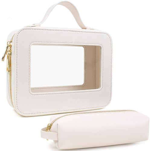 FFpaw Small Clear Makeup Bag with Makeup Brush Bag, Mini Makeup Pouch Car Organizer Bag Travel Toiletry Pouch Slim Makeup Brush Holder Makeup Bags Small with Zipper Purse Essential for Car