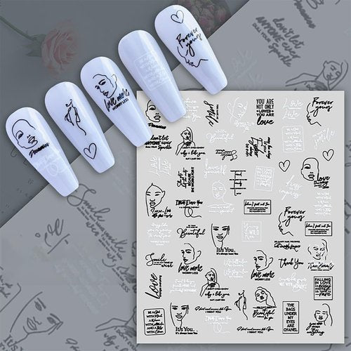XEAOHESY 6 Sheets Black White Words Nail Stickers Self Adhesive English Words Abstract Human Face Love Heart Nail Art Stickers Decals for Women Nail Art