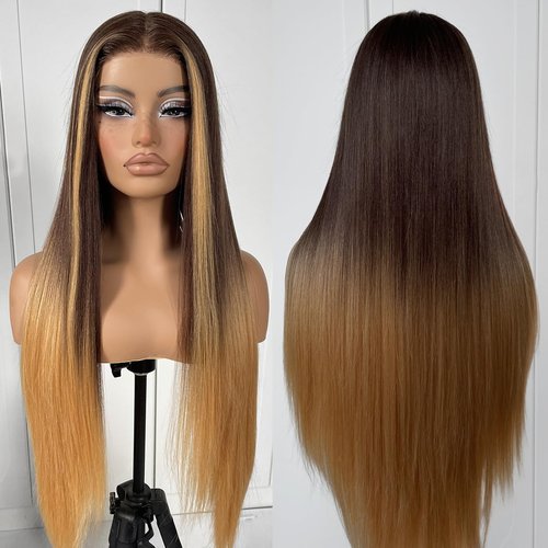 MITIMES 32inch Ombre Lace Front Wig pre plucked, Glueless Highlight Ombre Long Straight Lace Front Wigs Synthetic Highlight HD Lace Front Wig 1B/30/27