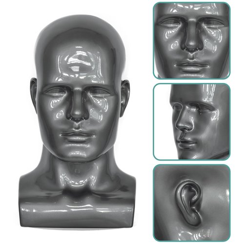 VEELTRAS Male Mannequin Head PVC Professional Head Model Training Display for Wigs Hat Mask Scarf Sunglasses with Mount Hole (sliver grey)