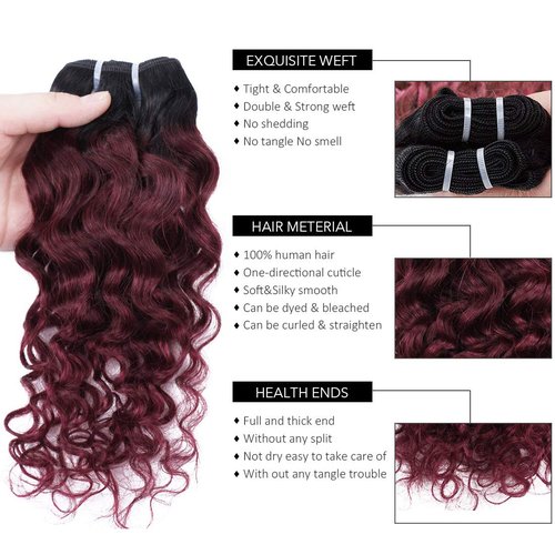 FASHION LINE 4 Bundles Deep Wave Short Bob Style Ombre 1B/99J Virgin Human Hair Bundles 50g Two Tone Burgundy Red Brazilian Hair Weave 12”