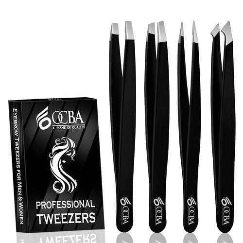 OCBA 4 Pcs Tweezers for Facial Hair Women & Men for Precise Grooming of Eyebrows - Professional Stainless Steel Black Color Coated Eyebrow Tweezers for Ingrown Hair on Nose Ear
