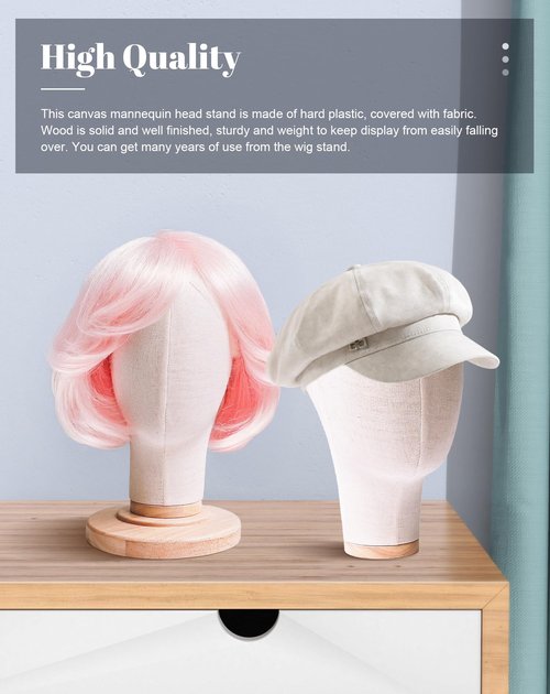 CHADWICK Wig Head Stand 21 Inch Mannequin Head Hat Display Stand Linen Wig Holder, Wig Display Model Fabric Head Wig Stand for Wigs, Hats, Caps, Headdress, Canvas Dome + Detachable Wood Stand