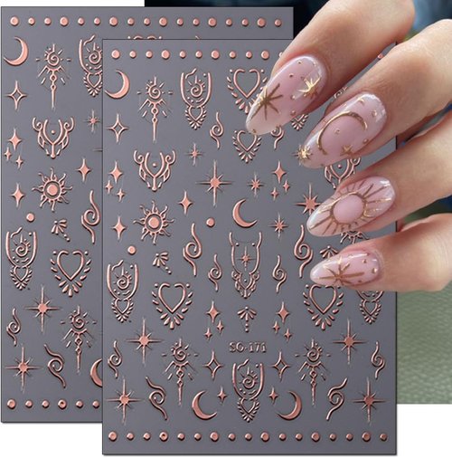 12 Sheets Metallic Sun Star Nail Art Stickers Silver Aurora Gold Moon Nail Stickers 3D Self-AdhesiveGlitter Rose Gold Silver Star Moon Nail Art Design for Women DIY Nail Decorations