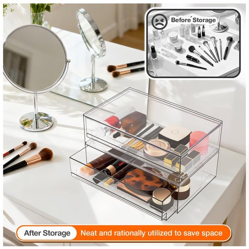 Clear Stackable Storage Drawers,2 Pack Plastic Organizers Bins for Makeup Organizer,Bathroom Makeup Organizer for Palettes,Cosmetic, and Beauty Supplies,Ideal for Vanity, Cabinet,Desk Organization