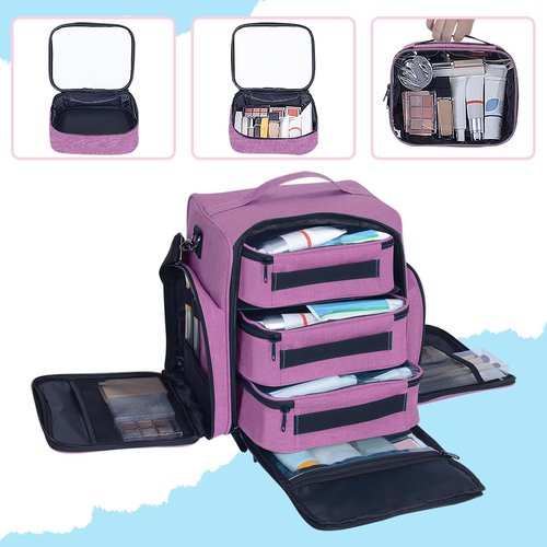 BAOMANYUHA Large Makeup Bag Cosmetic Case Organizer with 3 Inner Removable Pouches Multifunctional Travel Train Storage,Purple