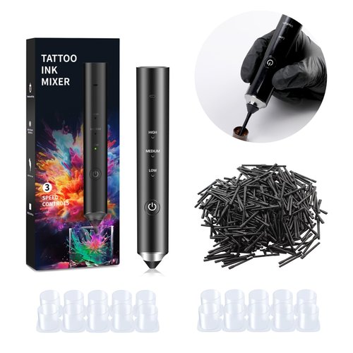 Tattoo Ink Mixer Gun Machine, Mixer Game Changer, 3 Adjustable Speeds Wireless Mixer, Without Continuous Pressing, New Rotary Tattoo Pigment Mixer Set with 100Pcs Mixing Sticks (New Mixer, Black)