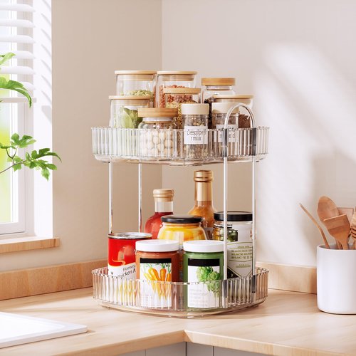 Delamu Rotating Bathroom Countertop Organizer, Large Capacity 2-Tier Multi-Function Storage for Cosmetics, Skincare, and Perfume. Makeup Organizer Countertop Ideal for Dresser, Bathroom,Vanity, Clear