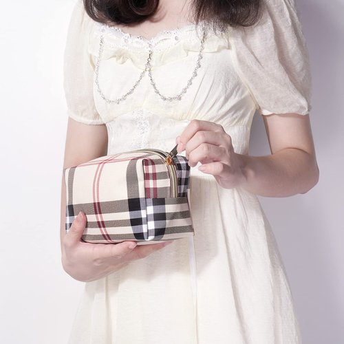 MAANGE Small Makeup Bag for Purse, 2 PCS Cosmetic Bag for Women Travel Makeup Pouch Leather Make up Bag Portable Zipper Pouch Brushes Bag - khaki plaid