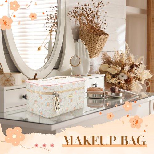Zeyune 3 Pcs Makeup Bag Quilted Cosmetic Bags Large Floral Makeup Bag Set for Women Cotton Flower Travel Toiletry Storage Cute with Zipper for Women Mom Birthday Gift Home Bathroom(Apricot Peony)