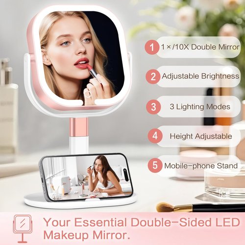 Rosivyphan Makeup Mirror with Lights, 1X/10X Magnifying Vanity Mirror with 3 Colors, 2000mAh Rechargeable Double Sided Magnifying Mirror, Height Brightness Adjustable, 360° Rotation Vanity