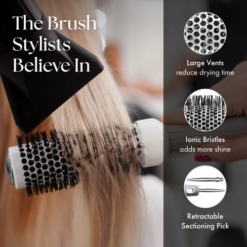 Olivia Garden Ceramic + Ion Round Thermal Hair Brush - Not Electrical - Professional Blowout Brush for Normal to Thick Hair - 2 1/8" Diameter Barrel - White and Grey - CI-55