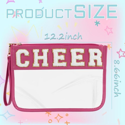 BuyCard Cheer Chenille Letter Bags Clear Makeup Bag, Cheerleader Gifts Cosmetic Bag, Varsity Preppy Patch Flat Pouch Cheer Accessories, Waterproof PVC Organizer Toiletry Bag for Women Girls