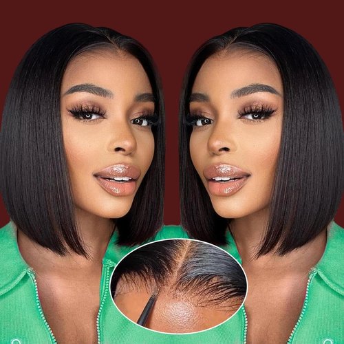 GUDOZO Bob Wig Human Hair Glueless Wigs Human Hair Pre Plucked Pre Cut 4x4 HD Lace Front Glueless Wigs Human Hair 180% Density Short Straight Bob Wigs for Black Women 12 inch