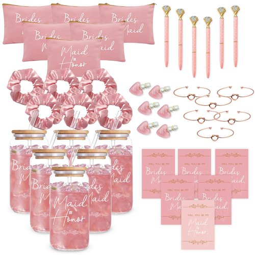 KIKINIKO Bridesmaid Gifts Set of 6 Pink, Total 42 pcs, Bridesmaid Proposal Gifts Contain 16oz Glass Cups Cosmetic Makeup Bags Invited Cards Scrunchies Hair Knotted Bracelets Diamond Pens love clip