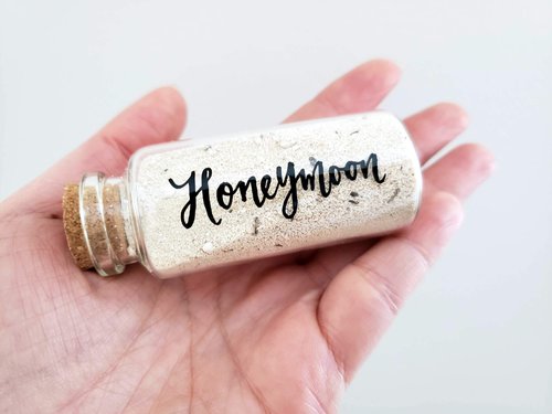 Hand Lettered Honeymoon Sand Keepsake Jar, Travel Gift for Newlywed, Bridal Shower, Wedding Registry Ideas - 40ml Glass