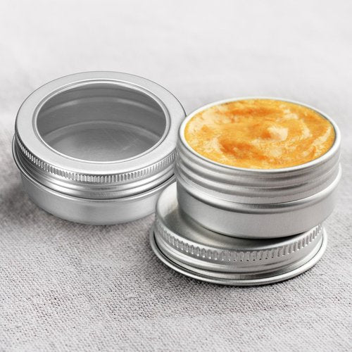 uxcell 2 Oz Tin Cans, 24 Pcs Aluminum Round Tins, Travel Sized Small Metal Tins Cosmetic Sample Containers with Clear Lid for Lotion Bars Beard Balms Candles, White