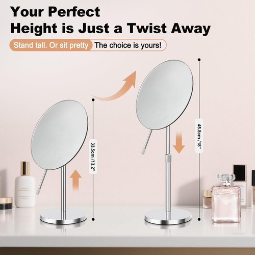 FFowcye 8" HD Vanity Mirror with Swivel & Adjustable Height (13-18"), Bonus 10X Magnifying Suction Cup Makeup Mirror for Precision Grooming & Shaving, Chrome Finish for Tabletop & Bedroom（No Light）