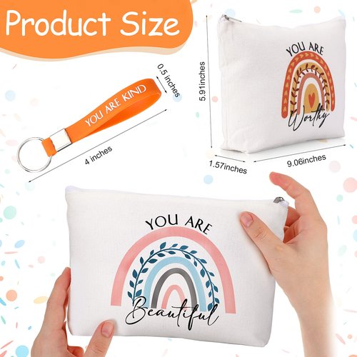 Fumete 60 Pcs Employee Appreciation Gifts Bulk 30 Inspirational Rainbow Canvas Makeup Bag 30 Motivational Keychains Cosmetic Bag Thank You Gifts for Vet Tech Week Nurse Assistant Volunteer Coworker