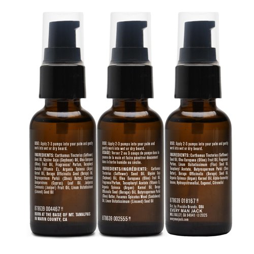 Every Man Jack Beard Oil Gift Set for Men – Full Size 3-pack - Sandalwood, Vanilla + Cedar & Aged Bourbon Scents – Softens Beard + Adds Shine - Naturally Derived w/Shea Butter – 1 fl oz (3 Pack)